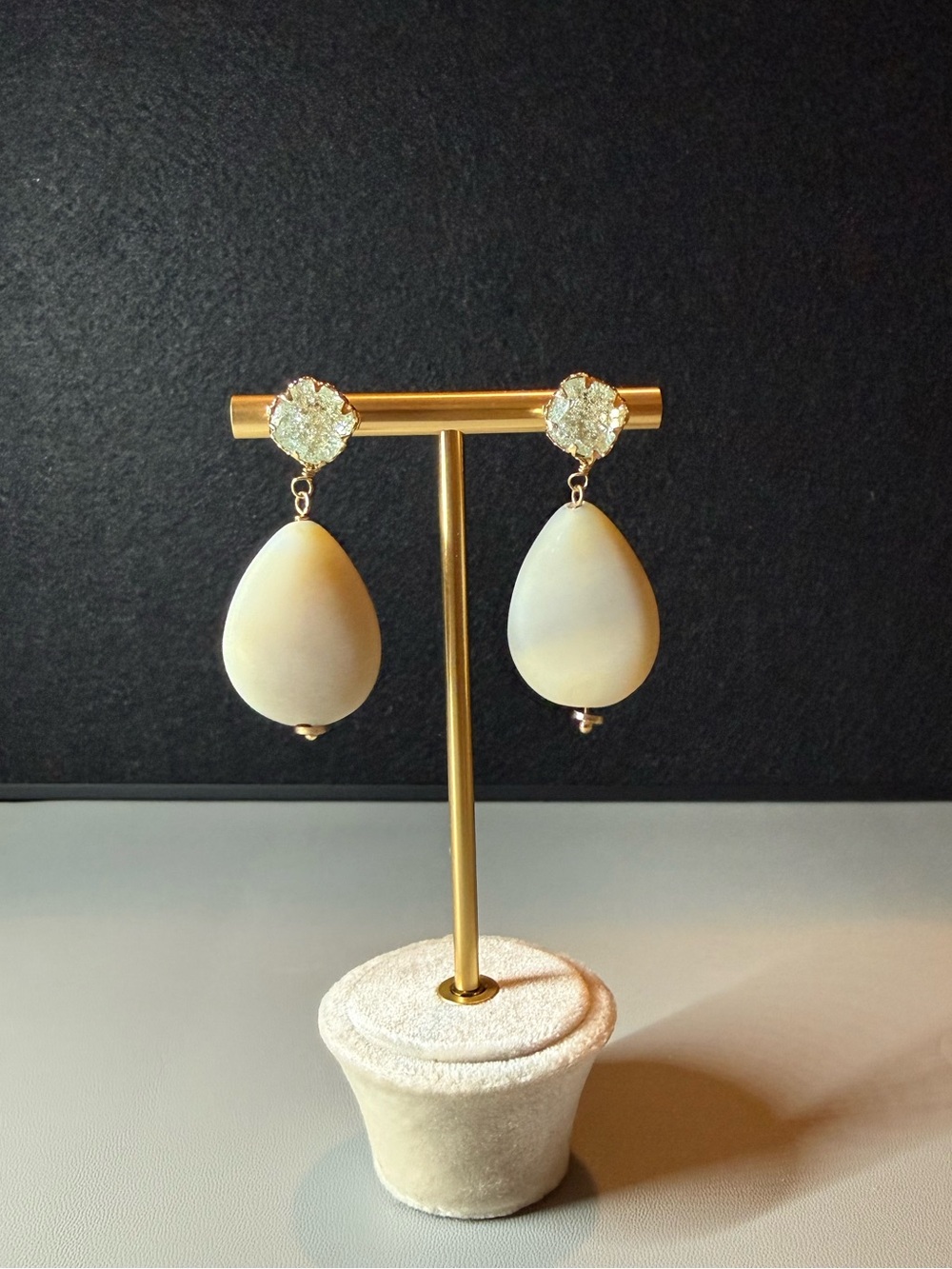 Cream Teardrop Statement Earrings with Crystal-Style Studs 🗽🖤